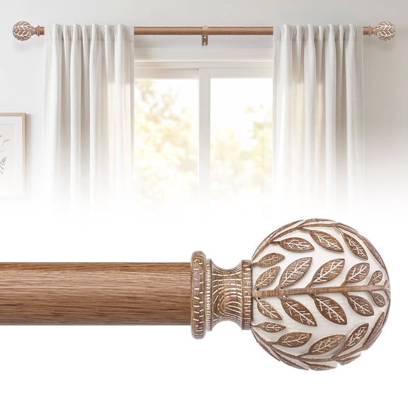 OLV Boho Curtain Rods 36-88" Heavy Duty with Wood Grain Leaf Finial,Burlywood-white