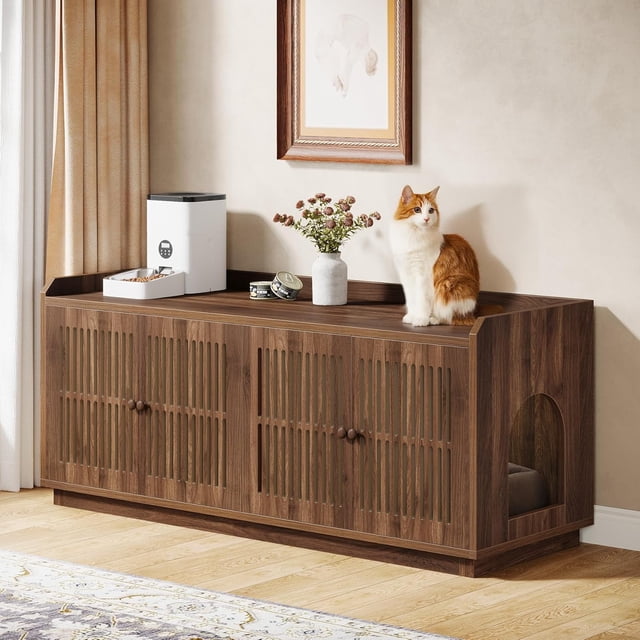 Tribesigns 55.1" Extra Large Cat Litter Box Enclosure with 2 Cabinets and Side Door, Hidden Cat Washroom Furniture with Storage, Rustic Brown