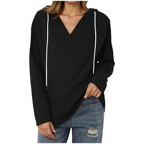 Uootdi Hoodies for Women Long Sleeve Shirts for Women Oversized V Neck Lightweight Sweatshirts Gift Drawstring Pullover Loose F it Tops