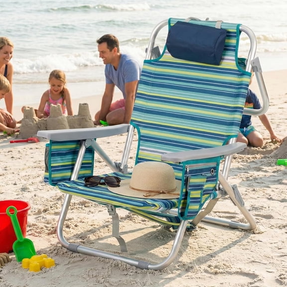 Aluminum Backpack Low Beach Chair - 5-Position Lay Flat Reclining Folding Chair with Removable Cooler Bag - Heavy Duty 330 lbs Capacity, Lightweight Portable Sand Seat - Striped Green