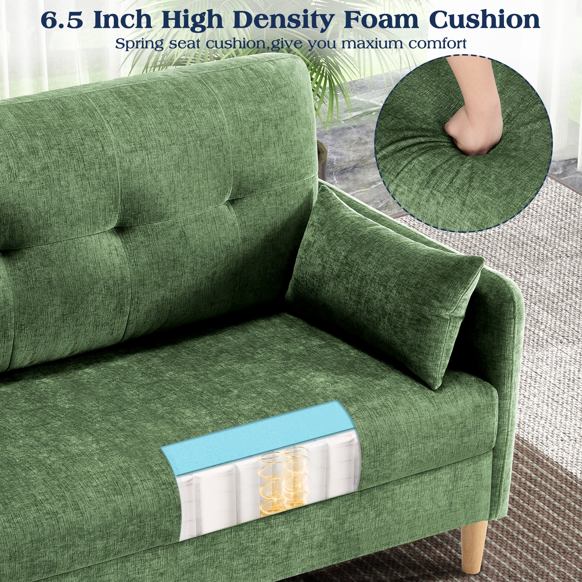 BedLuxury 47’’ Wide LoveSeat,2-seat Chenille sofa with 2 Pillows for Living Room and Small Spaces,Green