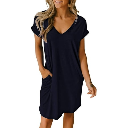

NONE Women V-Neck Short Sleeve Summer Dresses 2023 Spring Casual Loose T-Shirt Tunic Short Dress Pajamas with Pockets-Navy-Large