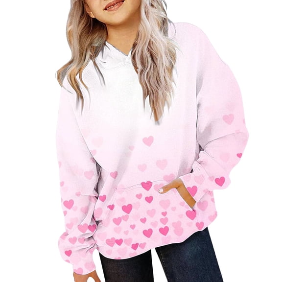 CPNG Girls Hoodies Gradient Color Heart Print Oversized Long Sleeve Hooded Sweatshirts with Front Pocket Kids Loose Fit Daily Pullover Sweatshirt