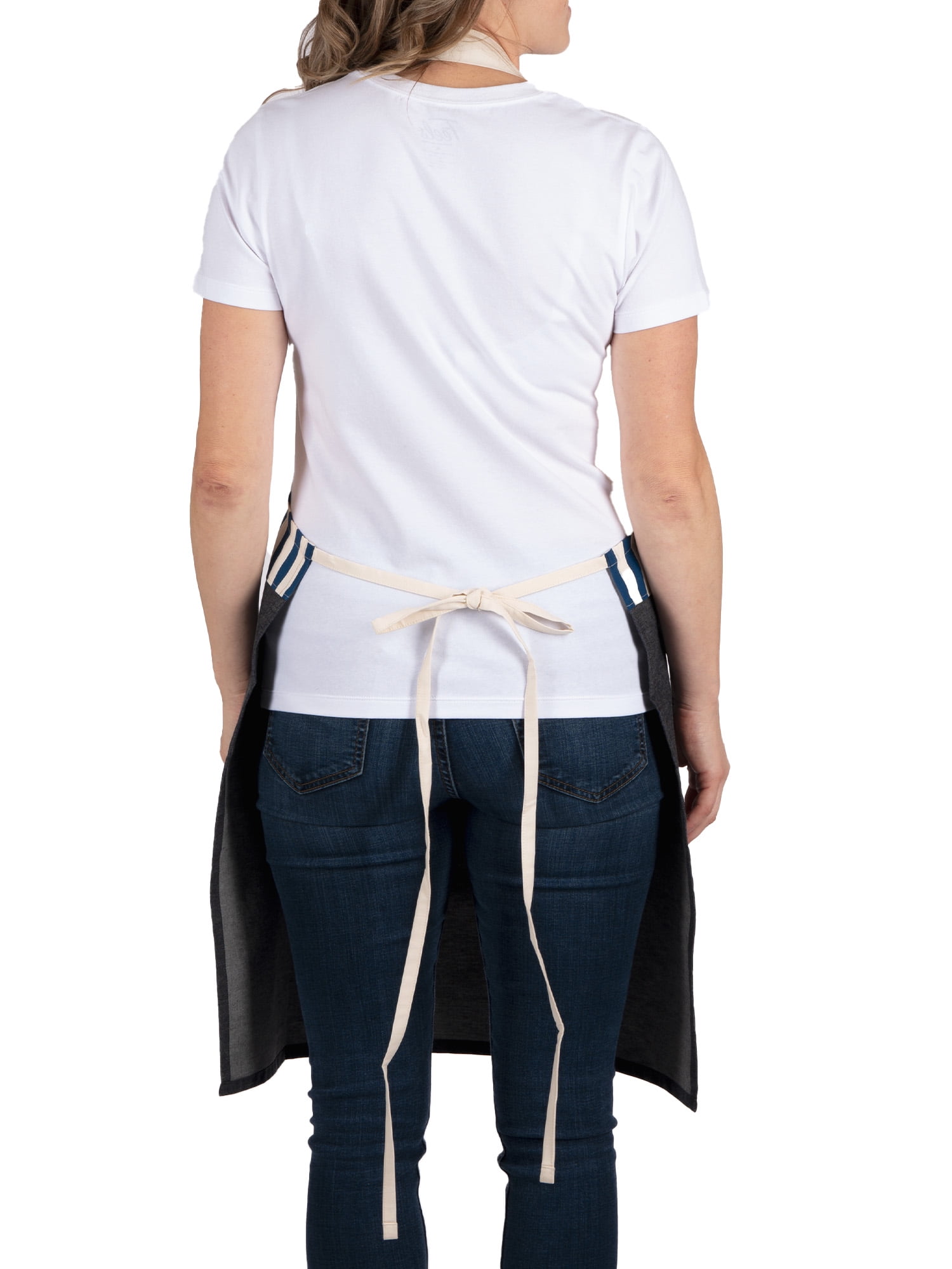 Mainstays Chef Kitchen Apron, 28" x 32" Stripe Cotton Bib Apron with Pockets for Cooking, Baking, Gardening in Navy