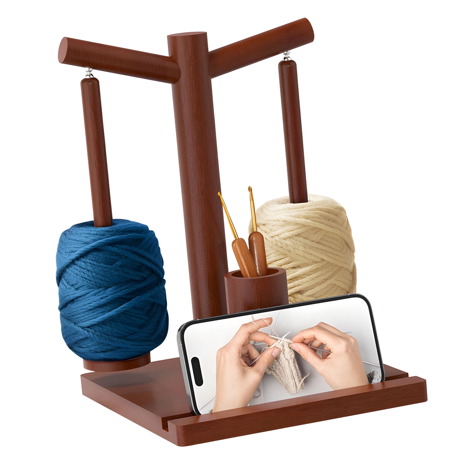 Yarn Dispenser Phone Stand Integrated Double Spindles Craft Organizers For Knitters And Crochet Enthusiasts