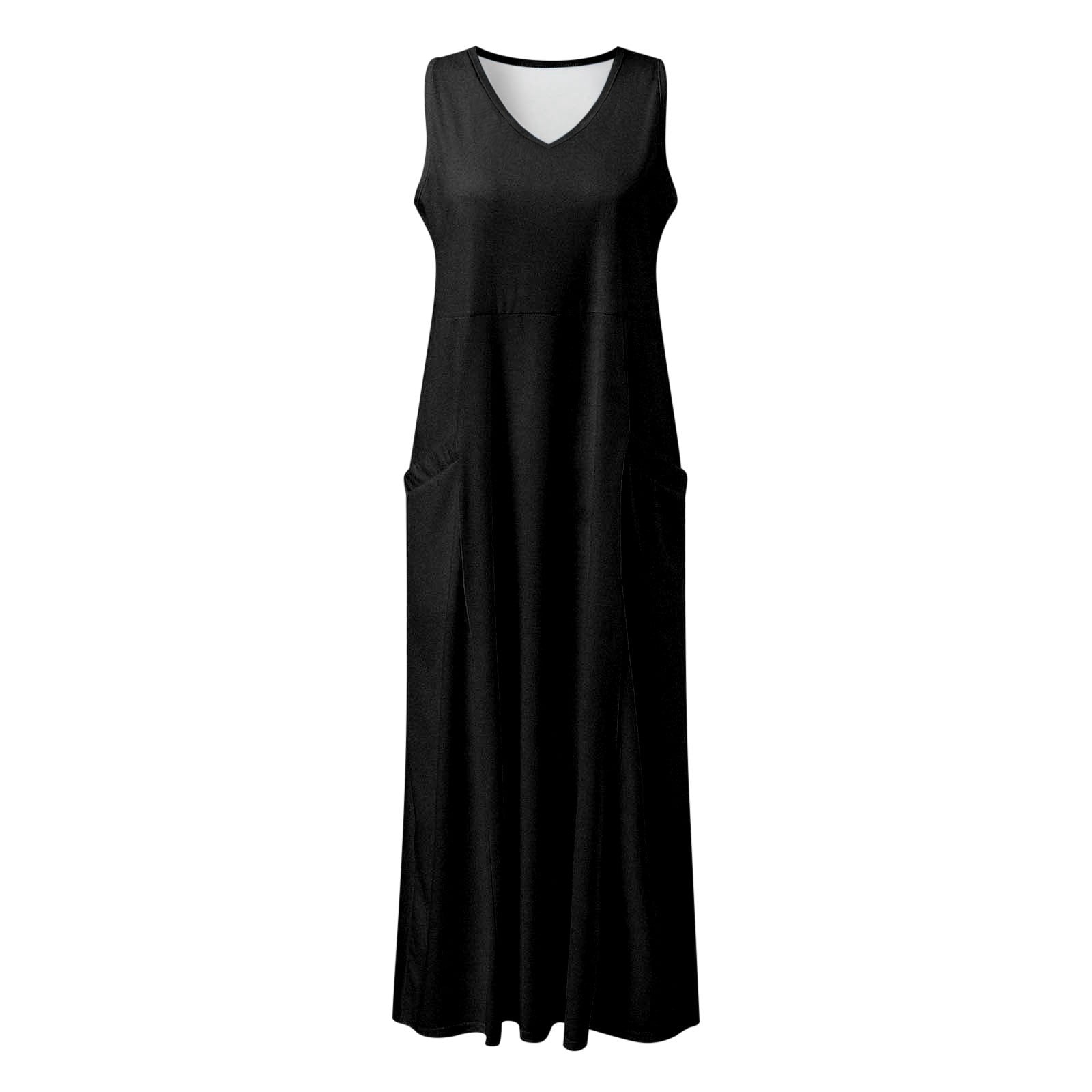 Jamsmile Womens Dress Summer Solid Color Sleeveless Elegant Loose Fit Casual Maxi Dresses With Pockets Daily Tshirts HolidaySundress