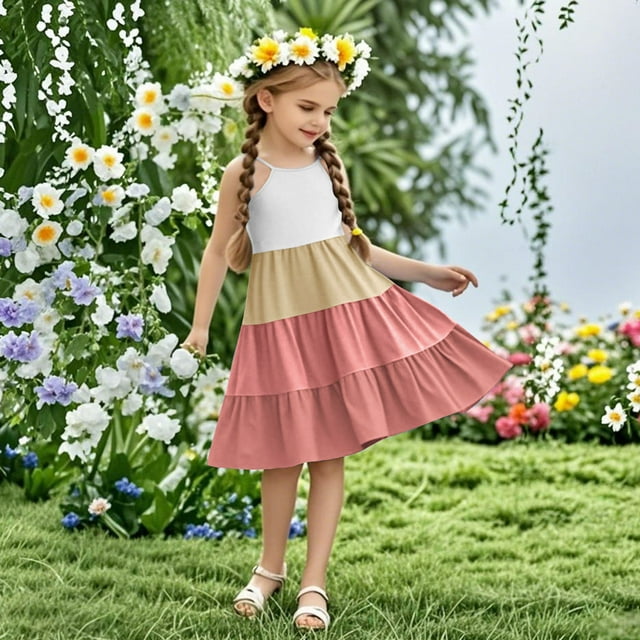 Pisexur Robes Fille Robes Mignonnes pour Filles Robe d'Été Bohème Sans Manches à Bretelles Smockée à Volants Rose, 11 Ans