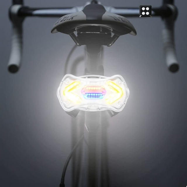 Luz trasera de bicicleta multifuncional, luz trasera de bicicleta LED recargable e impermeable, accesorio de luz trasera de bicicleta inalámbrica con señal de giro, control remoto de carga USB, blanco