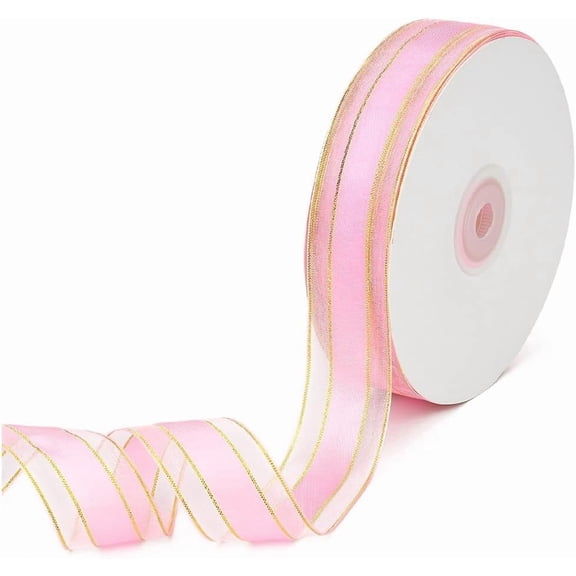 50 Yards 1 Inch Pink Chiffon Ribbon Gold Trim Edge Metallic Glitter Sheer Organza Transparent Voile Mesh Ribbons Bulk with Spool for Sewing Making Crafts Bouquet Wreaths Christmas Diy Supply for DIY