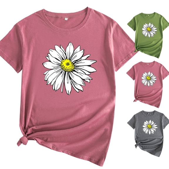 QHWAUAKFBN T Shirts For Women Trendy Graphic Cute Daisy Flower Print Cotton Round Neck Short Sleeves Tshirts Top