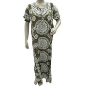 Mogul Womens Kaftan Boho Dresses Green Batik Print Nightgown House Dress