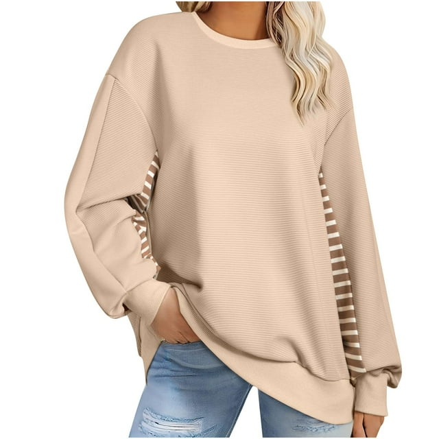 Jamicy Chandails en Molleton Graphiques pour Femmes Cadeau pour Femmes Chandail en Molleton Surdimensionné 2025 Décontracté Ample à Rayures Colorblock Manches Longues Col Rond Tunique