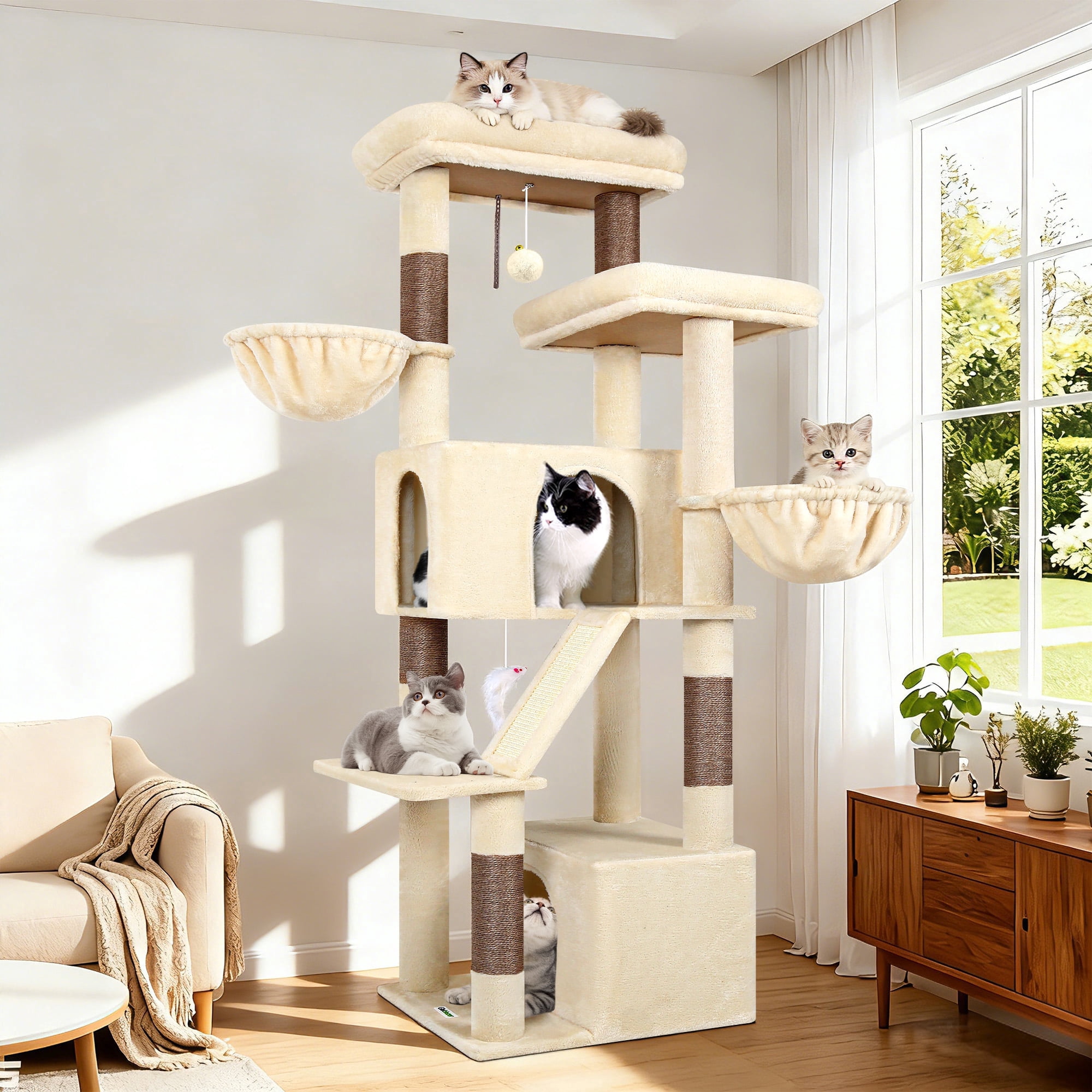 Globlazer 69 Inch Cat Tree for Large Cats, Multi-Level Cat Tree with 2 Luxury Condos and Large Perches for 2-3 Cats, Indoor Tall Cat Tree with Scratching Board & Sisal Posts, S69, Beige