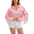 thumbnail image 2 of Chaqueta de mezclilla con flecos de manga larga y dobladillo deshilachado para mujer INSPIRE CHIC, corta, talla 2XL, color rosa, 2 of 6