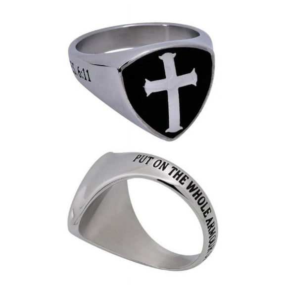 ARMOUR OF GOD Black Signet Cross Ring, Engraved in Stainless Steel