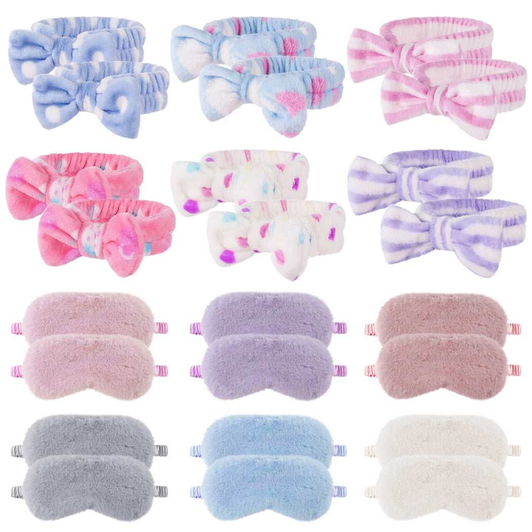 Sleepover Party Eye Mask Headband, 24 PCS Eye Mask and Headband, Sleepover Party Favors for Teenagers Women, SPA Party Soft Plush Sleep Eye Cover, Elastic Bow Hair Band