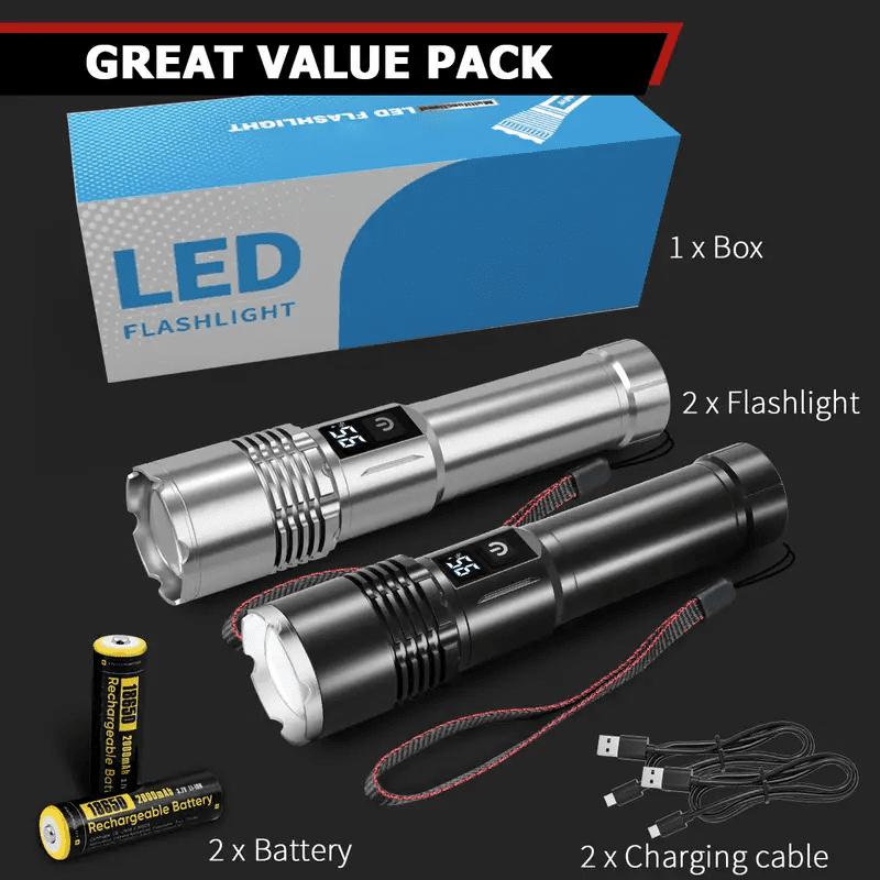 2pack High Lumens USB Rechargeable LED Flashlights, 3 Modes Super Bright Powerful Zooom Handheld Flashlight With 18650 Battery & LCD Power Display For Home/Camping/Hiking