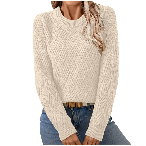 Scyoekwg Womens Sweaters Warm Casual Knitted Sweater Fall Winter Clothes Solid Color Crewneck Sweater Long Sleeve Pullover Sweater Tops(Beige,L)