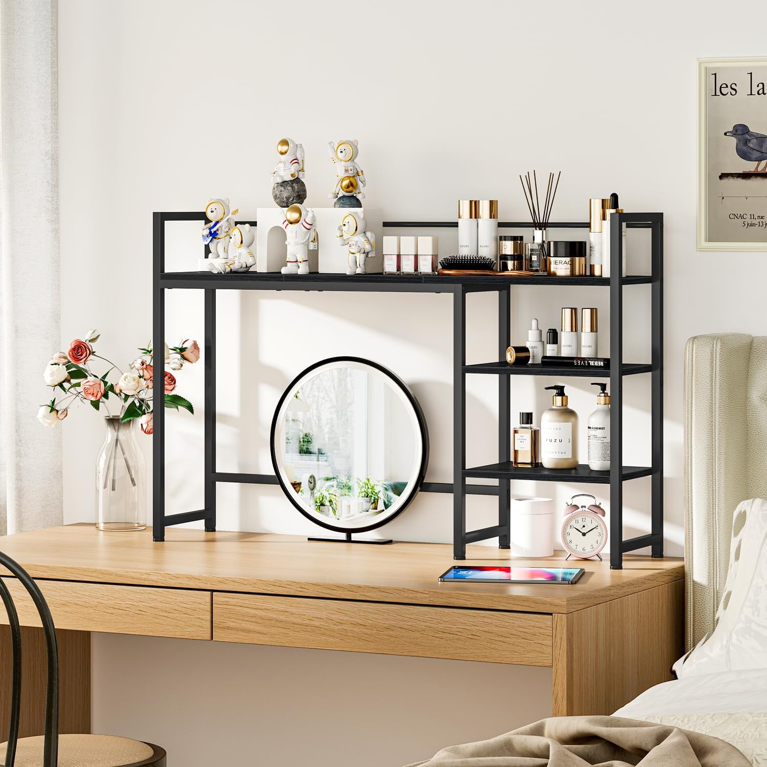 Desk Shelf, 44.9" Large Desktop Organizer Shelf, Desk Hutch for Monitor, 4 Tier Display Rack, Wooden Desktop Bookshelf Storage Rack for Home Office Dorm