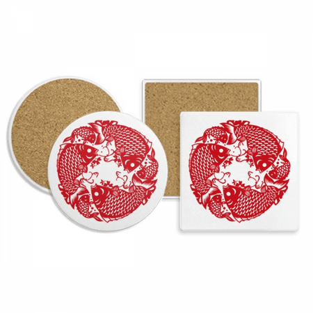 

Paper Cutting Fish Festive Coaster Cup Mug Holder Absorbent Stone Cork Base Set