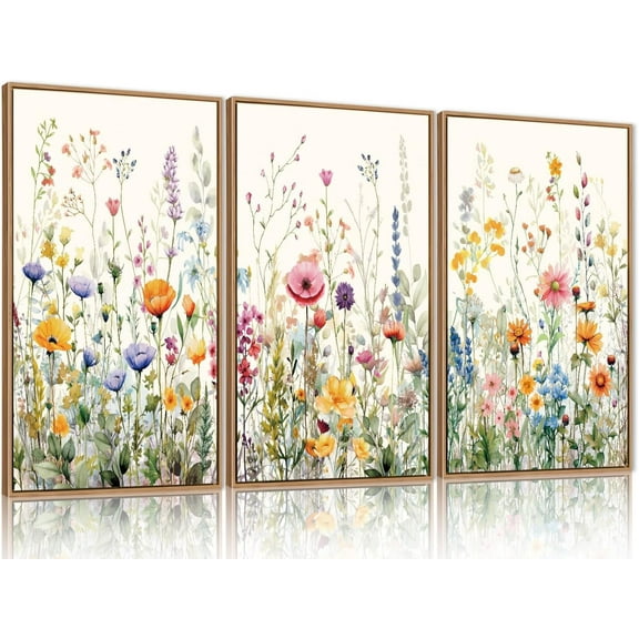 Floral Canvas Wall Art, Framed Wildflower Pictures Wall Decor, Large Flower Prints, Colorful Botanical Artwork, Watercolor Painting 3 Panel 16x24 Inches for Living Room, Bedroom, Office, Home