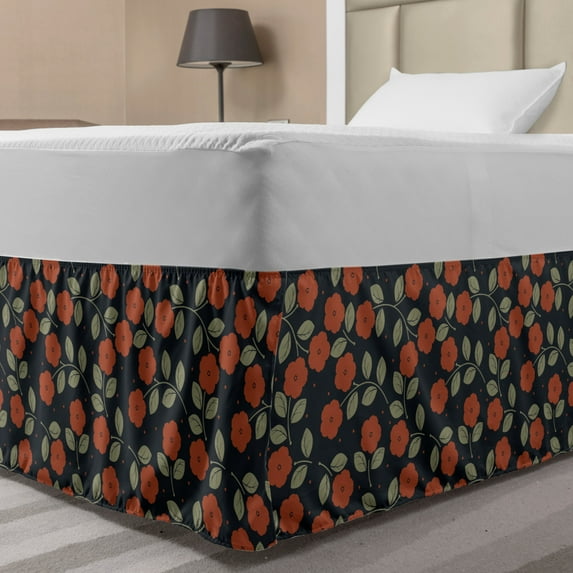 Garden Art Bed Skirt, Dark Toned Dotted Background with Flower Silhouettes and Foliage, Elastic Bedskirt Dust Ruffle Wrap Around for Bedding Decor, 4 Sizes, Night Blue Ruby Green, by Ambesonne