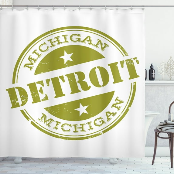 Ambesonne Detroit Shower Curtain, Grunge Retro Stamp, 69"Wx84"L, Olive Green White