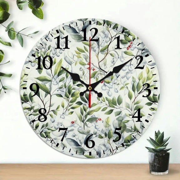 PRATYUS Round Wooden Wall Clock with Leaves Flowers Wallpaper Print, Wall Hanging Decor for Home, Perfect for Living Rooms, Kitchens, Dorms and Everyday Gifts, 10-Inch Size 10x10in