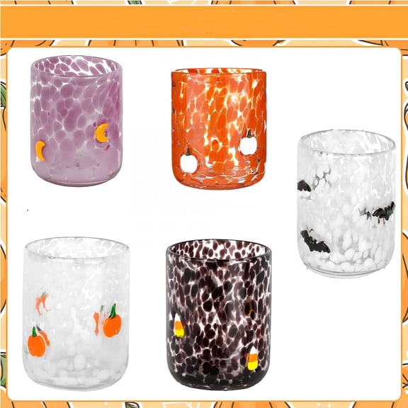 BPPEG Halloween Icon Juice Glasses,14oz Icon Stemless Drinking Glasses Set,Halloween Icon Glass Cups Ideal for Gift & Halloween Party Drinkware,Double Old Fashioned Hand Blown Drinking Cups