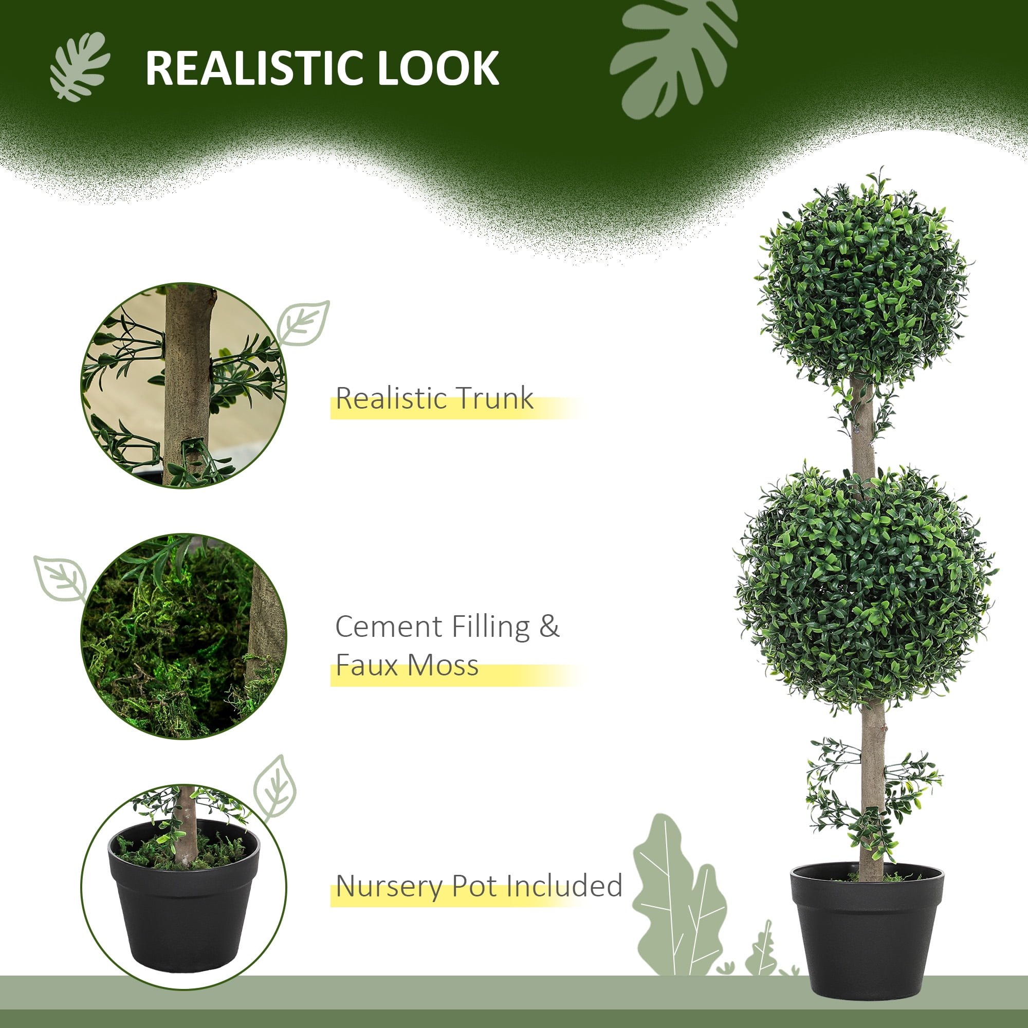 HOMCOM Set of 2 Fake Plants, Artificial Trees in Pot, Ball Boxwood Topiary Tree, Green