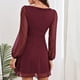 thumbnail image 3 of Vestido de manga larga de malla color vino tinto para mujer, estilo sólido de varias capas y cintura alta con cremallera en la espalda, talla S, 3 of 6