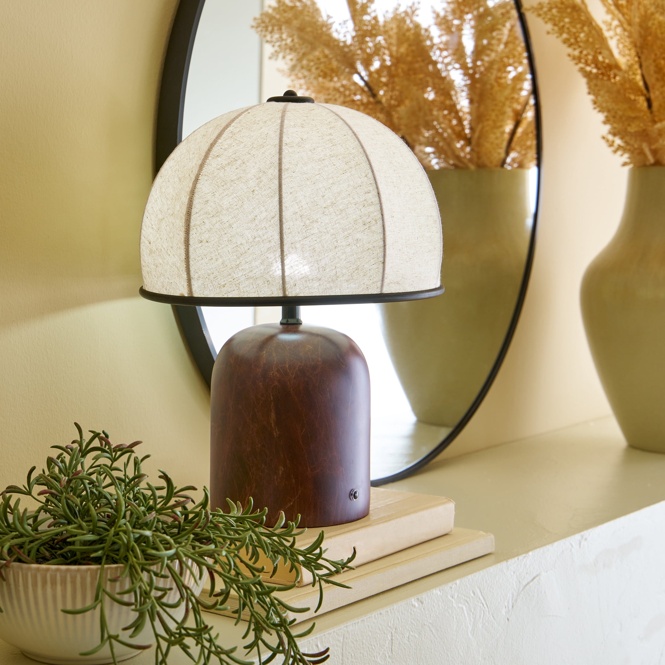 Better Homes & Gardens 14-Inch Warm Brown Rechargeable Gourd Table Lamp with Fabric Dome Shade
