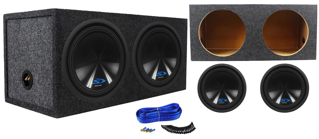 Universal Car Stereo Vented Port Dual 12 Alpine Type R R-W12D2 Sub Box Enclosure with R-A75M Amplifier & 0GA Amp Kit