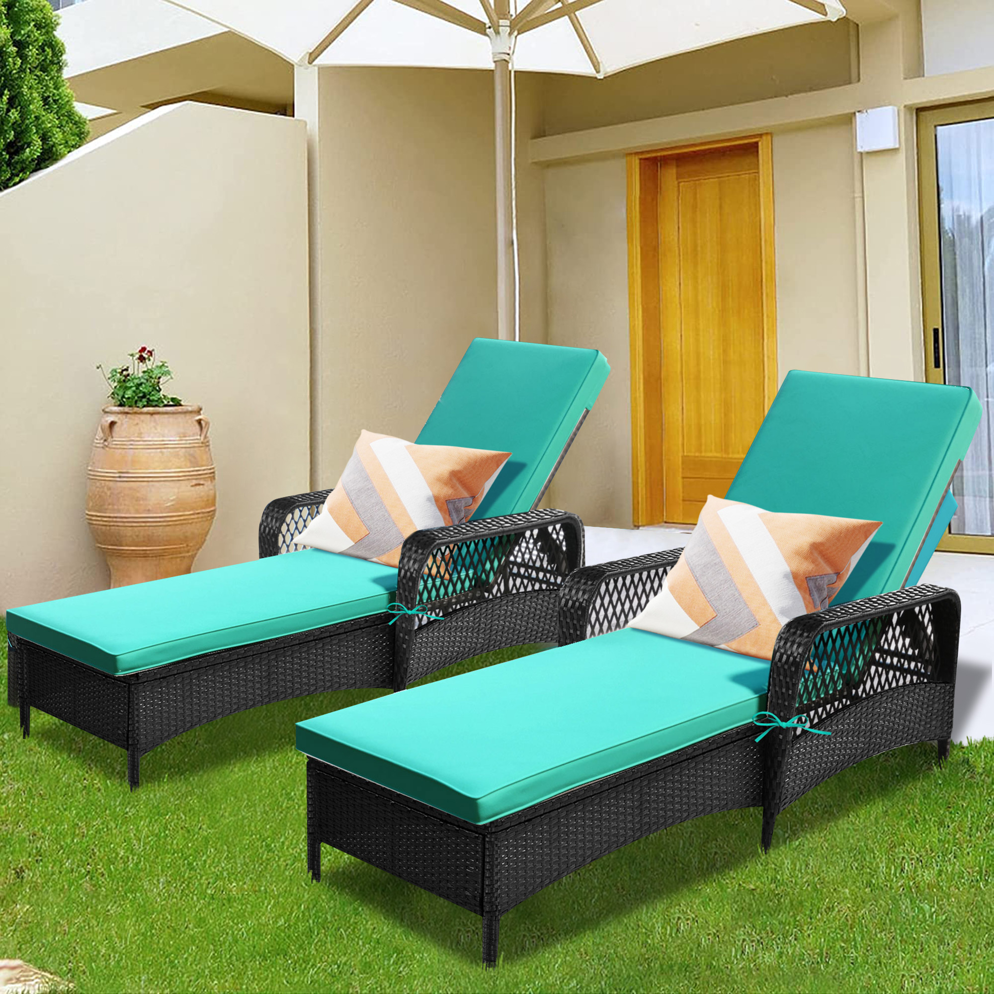 SYNGAR Outdoor Chaise Lounge Chairs, Patio Reclining Sun Lounger, PE Wicker Rattan Adjustable Lounge Chair with Thickened Cushion, Reclining Chair for Poolside, Deck, Backyard, 2 Pack, Green - image 2 of 11