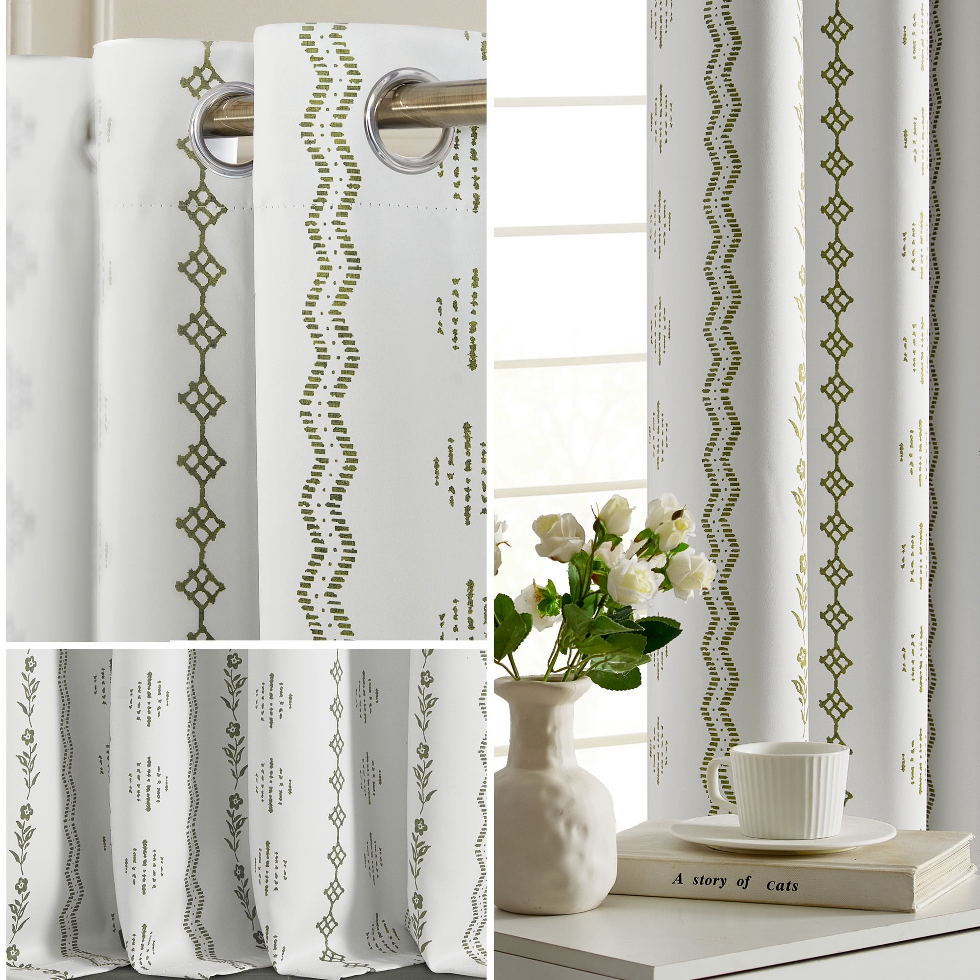 NICETOWN 100% Blackout Boho Curtain for Bedroom Light Blocking Sounds Reducing Printed Floral Drapes, W52 x L84, Sage Green on White, 2 Panels