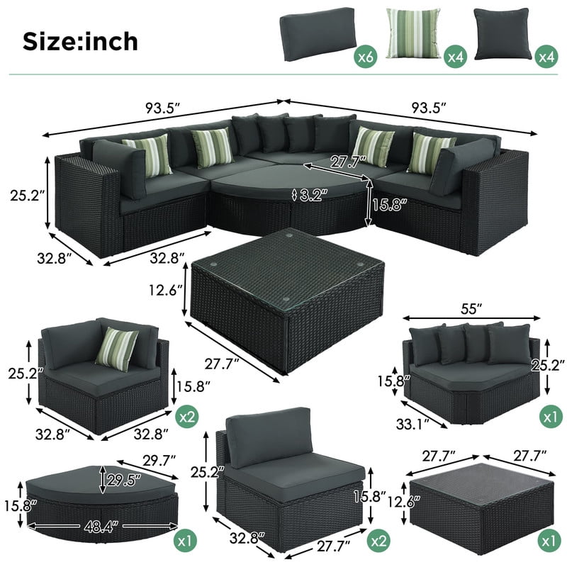7-Piece Outdoor Wicker Sectional Sofa Set with Coffee Table and Ottoman, Patio Furniture Set with Pillows, Conversation Sofa For Patio, Garden, Deck