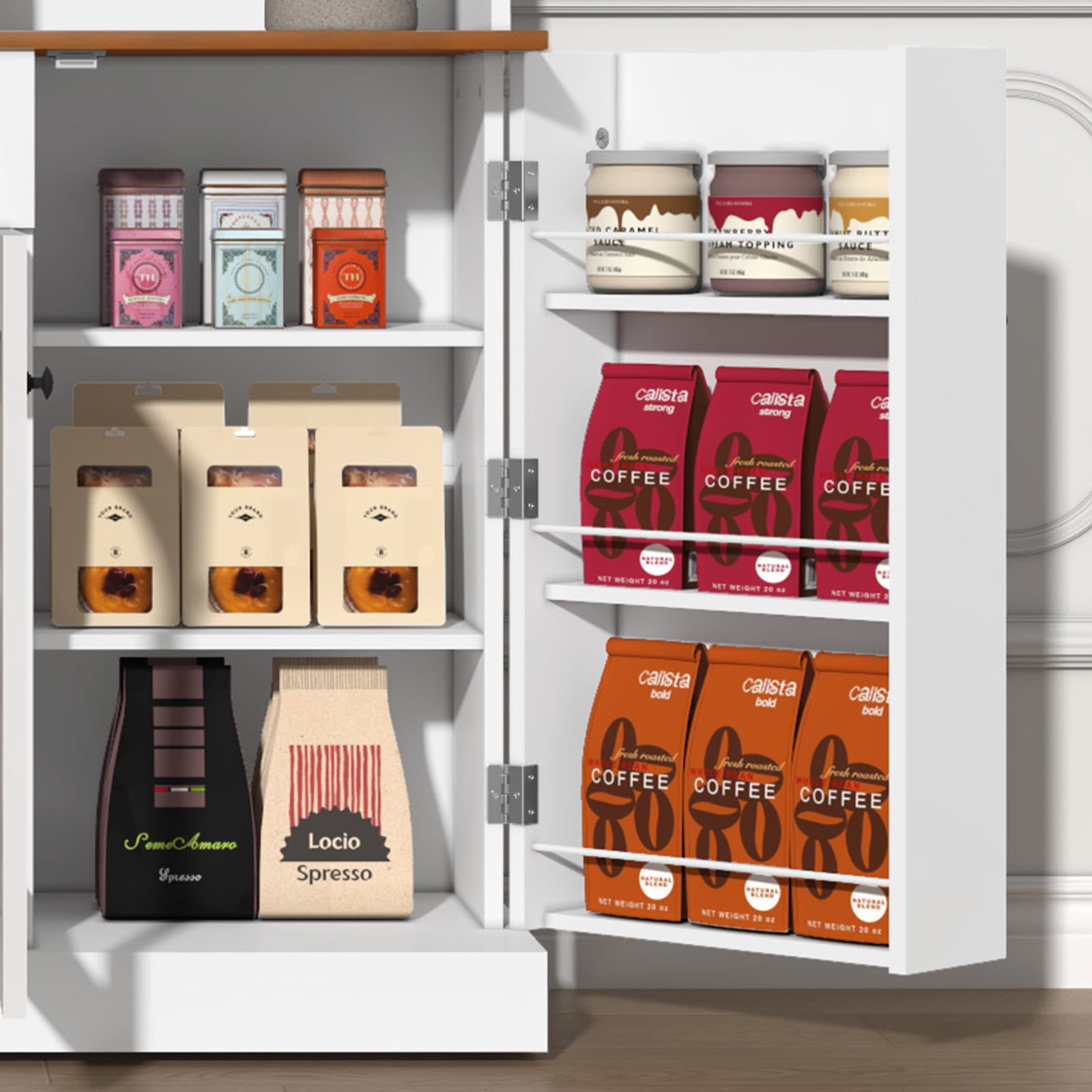 CBJCBJ 48“ Modern Wood Kitchen Pantry Cabinet with Coffee Bar, Drawer & Microwave Stand,White