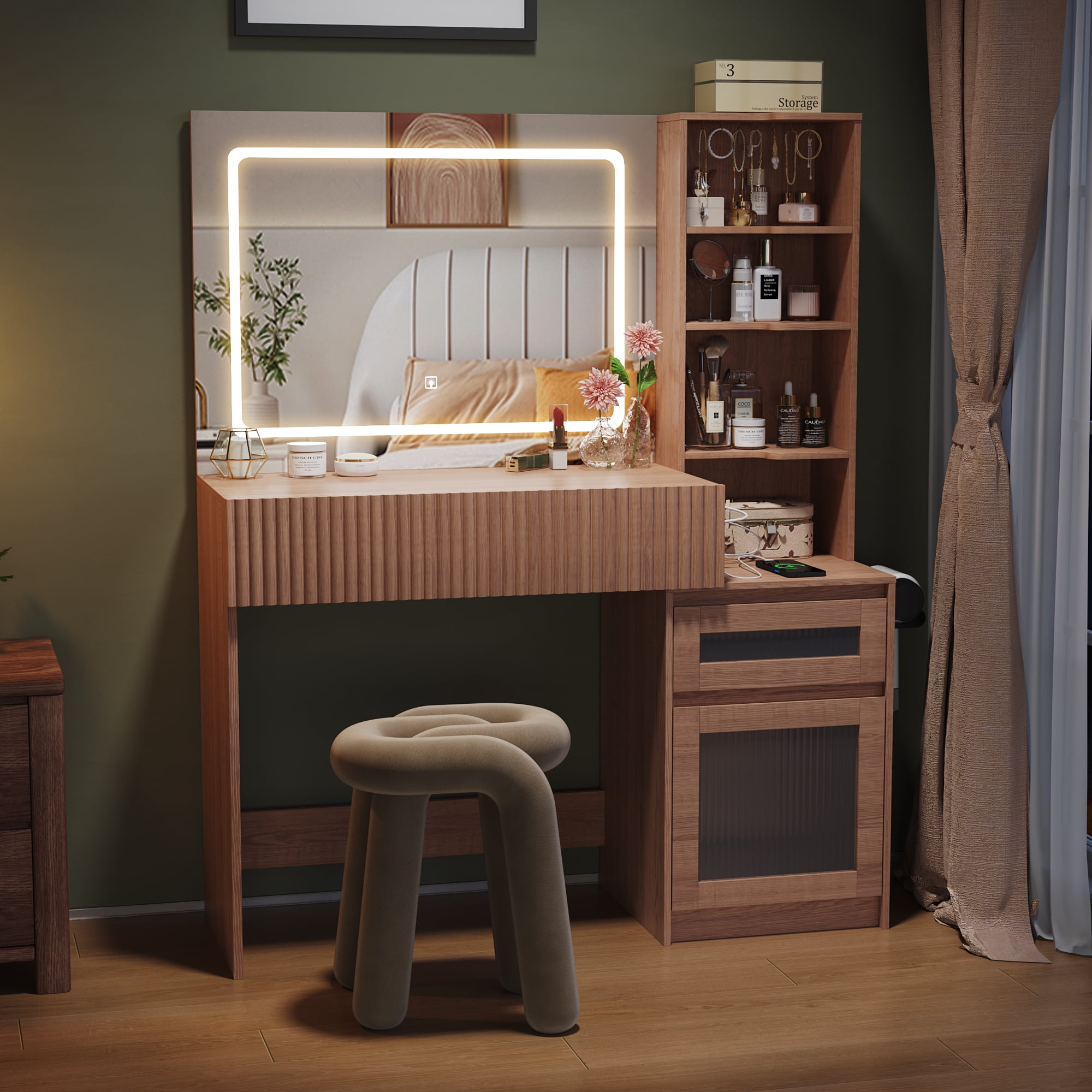 Vanity Desk with Mirror and Lights, Makeup Table with USB Charging Station, 2 Drawers and Storage Shelves, Brown
