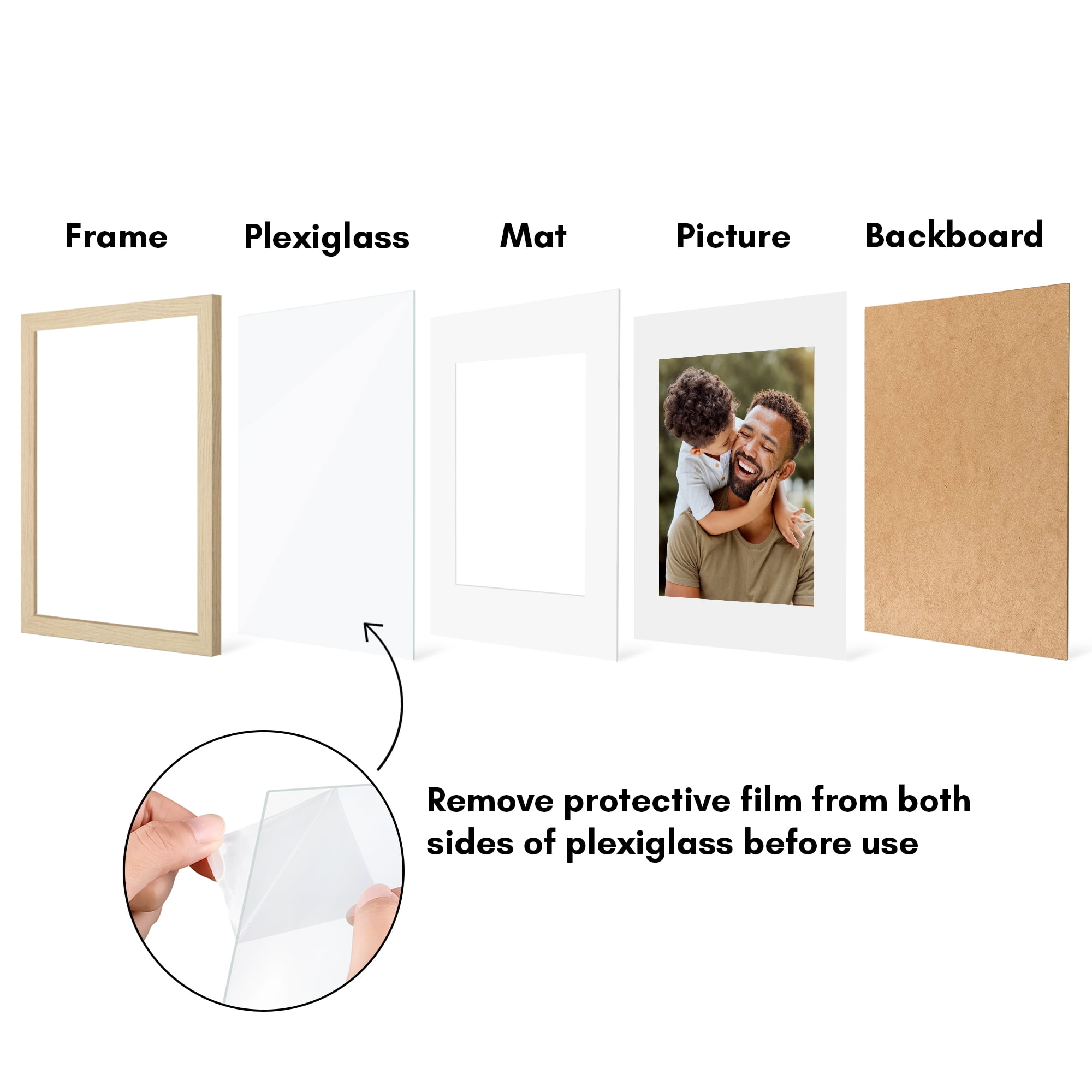 Americanflat 11x14 Picture Frame with Polished Plexiglass with 8x10 Mat 5 Pack Display Photo - Natural Oak