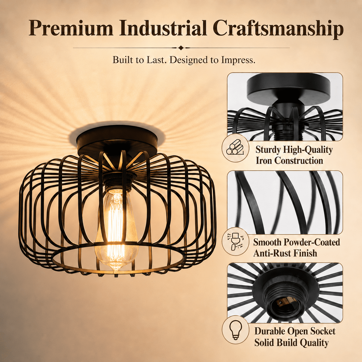 DONGPAI 11.8" Black Cage Mini Chandelier with LED Bulb, Flush Mount Ceiling Light Industrial Kitchen Light Fixtures for Hallway Bedroom Dining Room