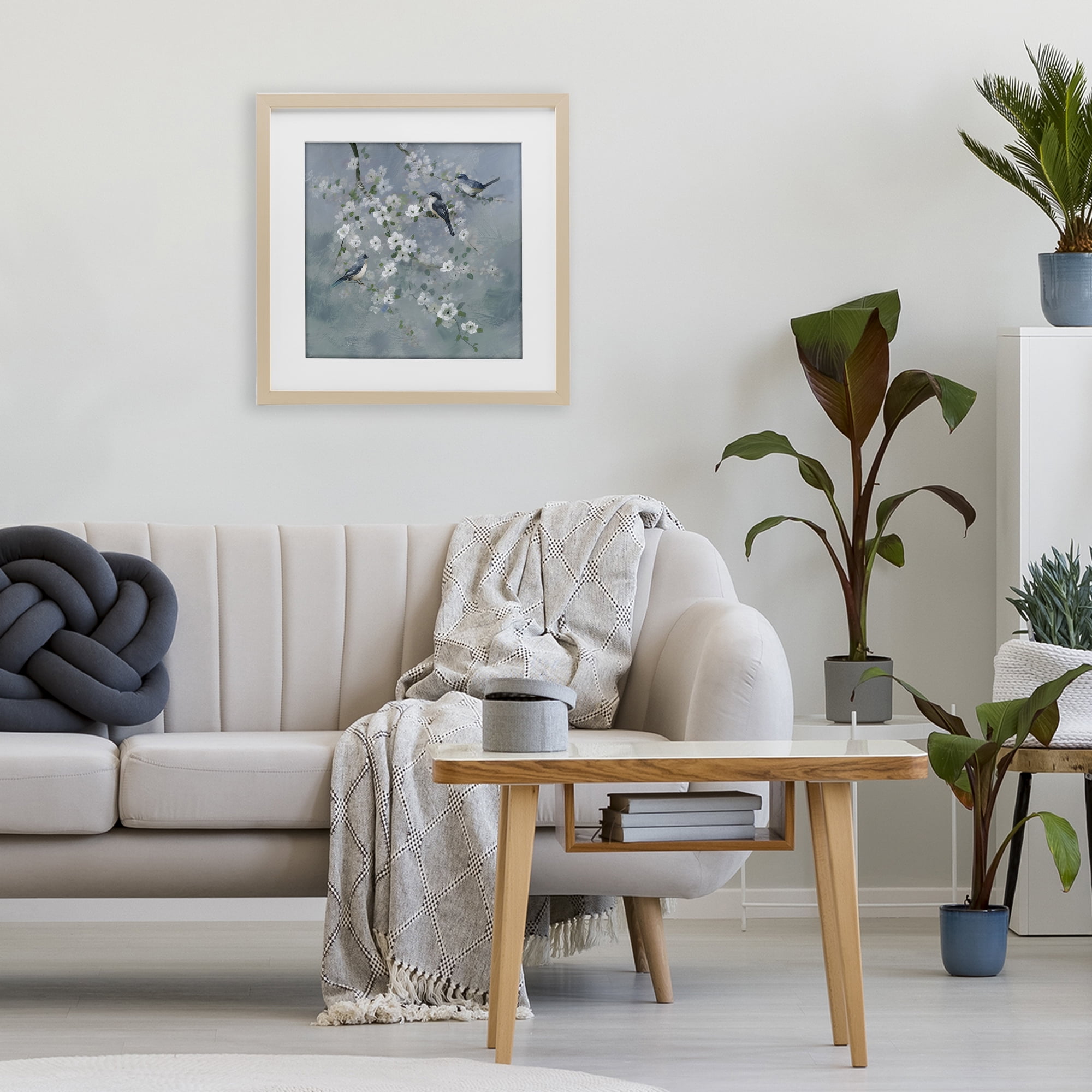Stupell Industries Serene Birds on White Blooms Birch Framed Print Under Glass, design by Nan