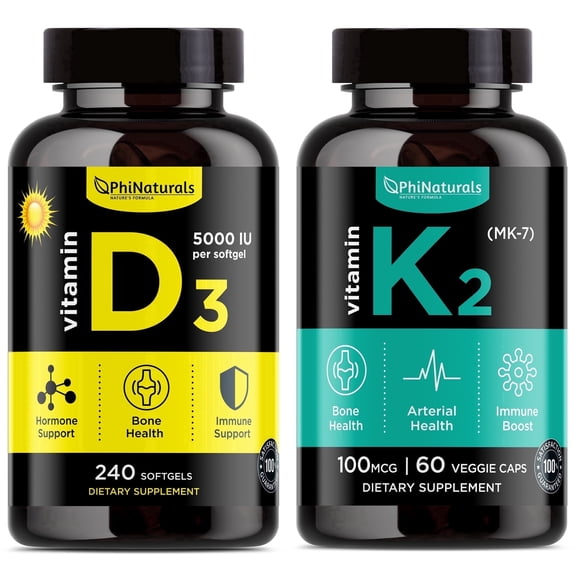 Phi Naturals Vitamin D3   K2 MK7 Softgel Capsules Dietary Supplement | Bone, Heart & Immune Support | Non-GMO | Made in USA