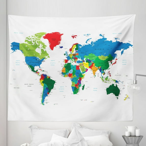 World Map Tapestry, Colorful Political Map Borders Between Countries Different Nations and Cultures, Fabric Wall Hanging Decor for Bedroom Living Room Dorm, 5 Sizes, Multicolor, by Ambesonne