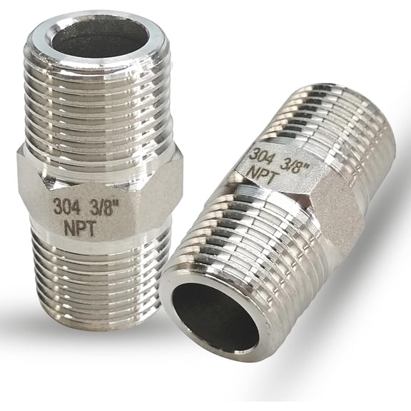 3/8" x 3/8" Male Hex Nipple Pipe Fittings, 304 Stainless Steel 3/8 inch NPT Male Threaded Pipe Adapter Fittings Equal Nipples Connectors, Adapter for 5/8” ID Pipe Connector (3/8“, 2pcs)