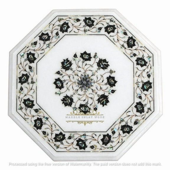 White Marble Coffee Center Table Top with Unique Semiprecious Stones Marble Inlay Art, Black Flower Design Side Table for Living Room Furniture-18 Inch