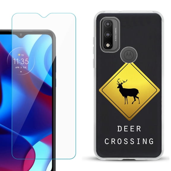 Slim-Fit Gel TPU Phone Case for Motorola Moto G Pure, with Tempered Glass Screen Protector, by OneToughShield ® - Road Sign Deer