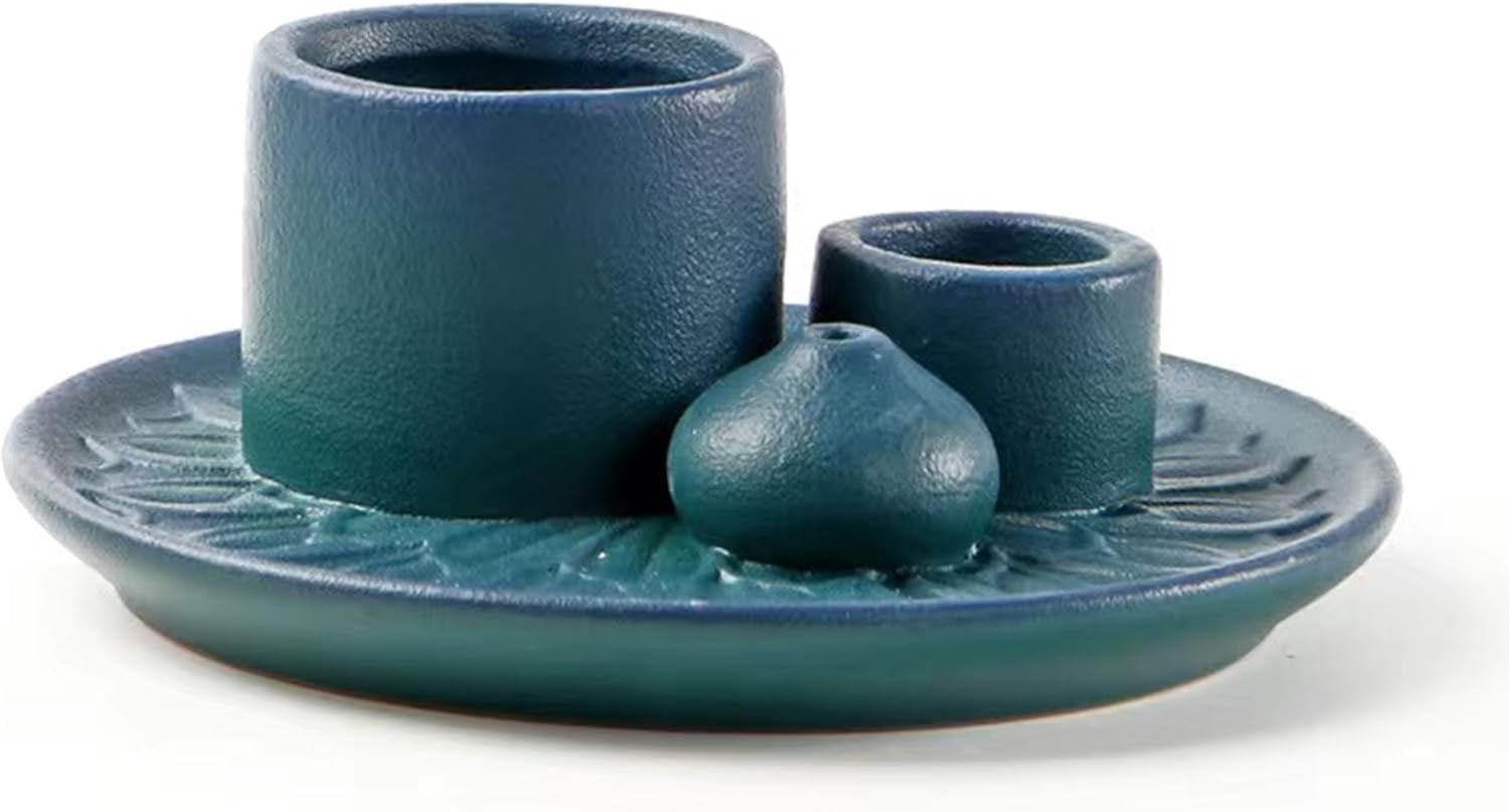 4 in 1 Incense Burner Holder: Ceramic Incense Holder Sage Holder for Burning, Candle Holder Stick Incense Holder, Palo Santo Holder, Incense Tray Ash Catcher Tray for Meditation Yoga Room (Blue)