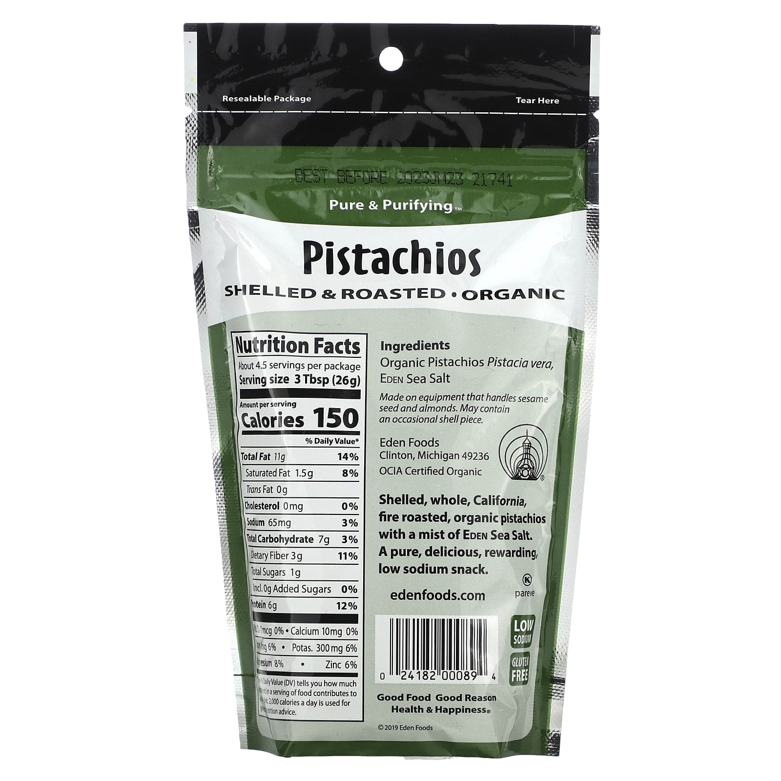 Eden Foods, Organic, Pistachios, Shelled & Roasted, Sea Salt Misted, 4 oz Pack of 4