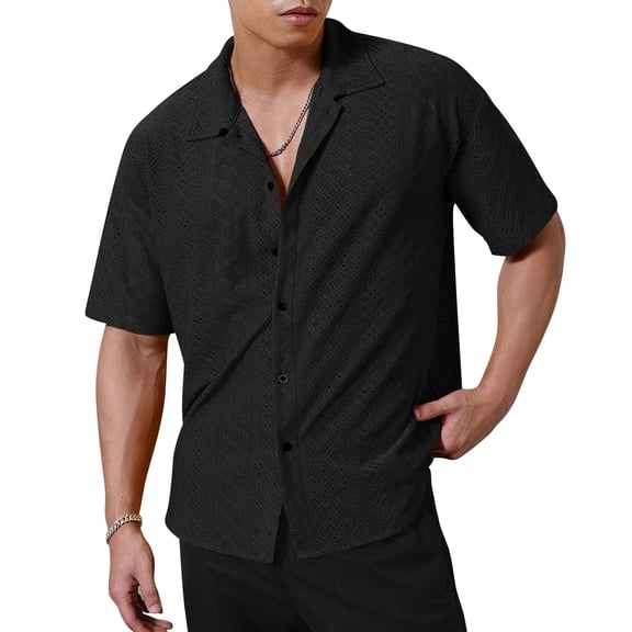 Yifymode Men's Lapel Short Sleeve Button-Down Shirt, Lightweight Breathable Fabric Summer Casual Top Black L