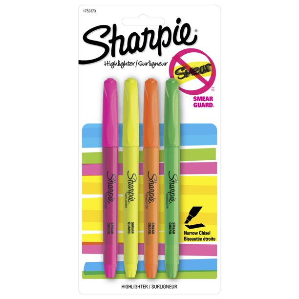 Sharpie Pocket Style Highlighters, Chisel Tip, Assorted, 4 Pack
